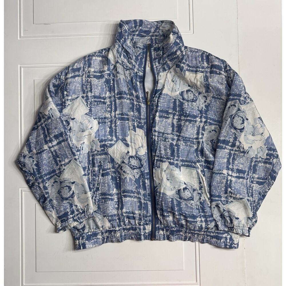 Vintage Out Brook L Silk Bomber Jacket White Blue Floral Fashion Model Shoulder